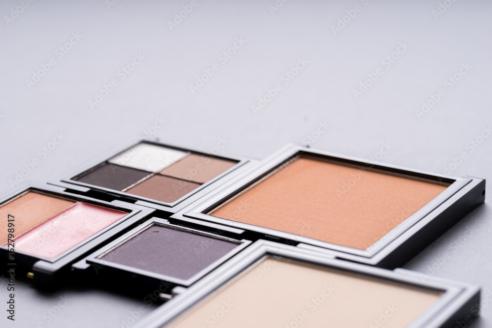 Set of Makeup cosmetics products with bag on top view