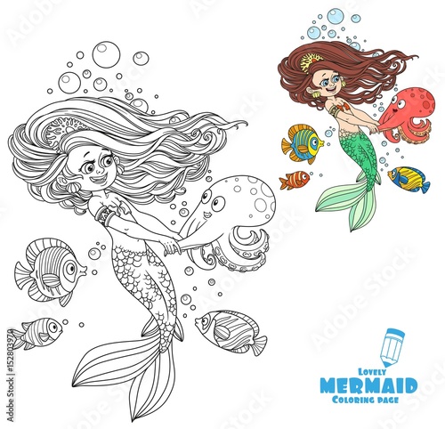 Beautiful little mermaid girl dancing with an octopus coloring page on white background