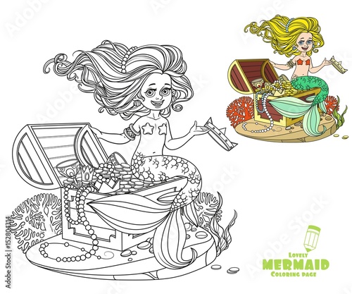Beautiful little mermaid girl is sitting on a treasure chest and keep the crown on the hand coloring page on white background