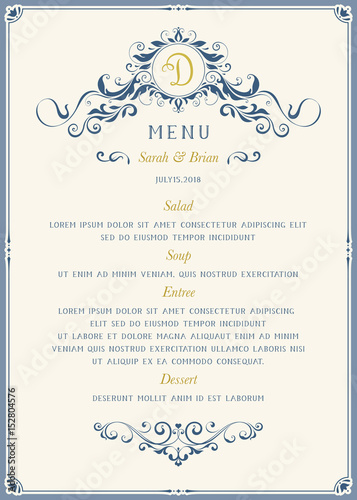 Ornate classic menu design in vintage style. Vector template.