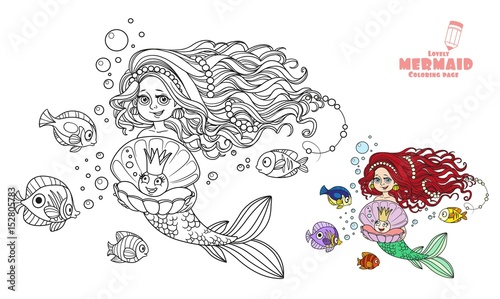 Beautiful mermaid girl holding a pearl in a shell coloring page on white background © Azuzl