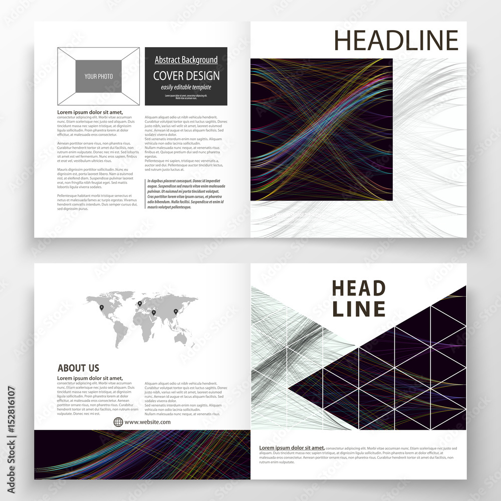 Business templates for square bi fold brochure, magazine, flyer, booklet. Leaflet cover, flat layout, easy editable vector. Abstract waves, lines, curves. Dark color background. Motion design.
