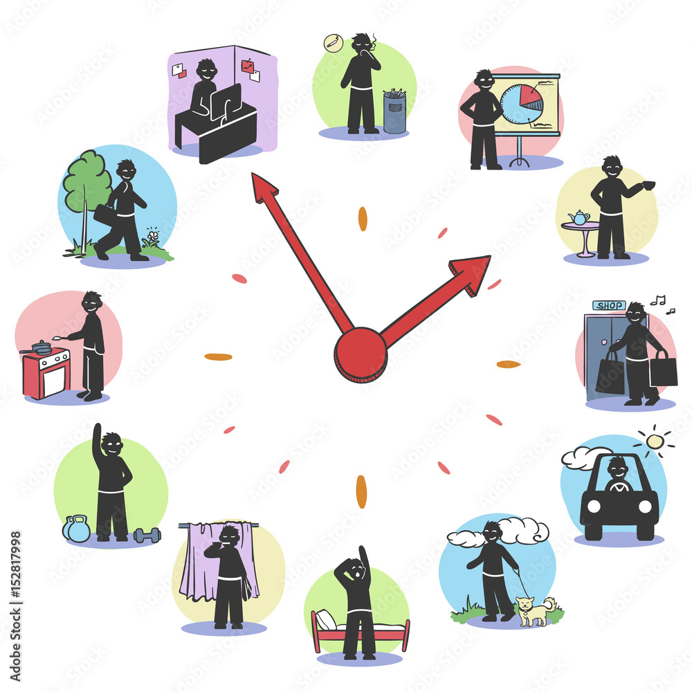 Daily Routine Clock Characters Concept Stock Vector | Adobe Stock