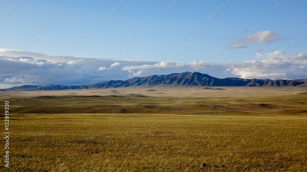 landscape of outdoor wild field with mountains at horizon