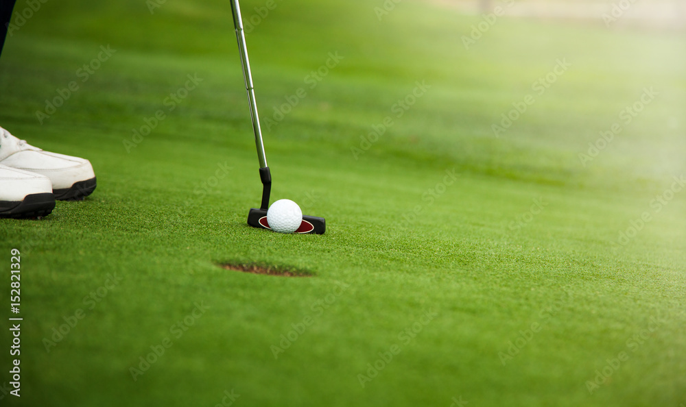 Obraz premium Golfer preparing for a putt on the green.