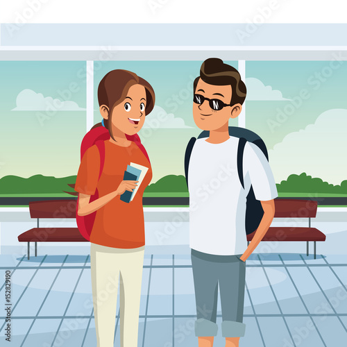 loving couple standing at airport. traveling scene hall design vector illustration