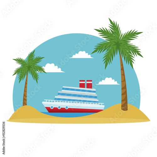 cartoon cruise ship tropical beach palm tree vector illustration
