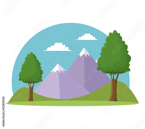 landscape travel vacation mountain trees grass sky vector illustration