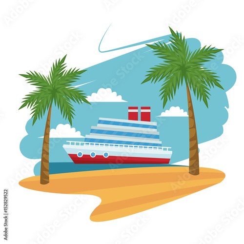 Fototapeta travel cruise ship passenger sea beach palm design vector illustration