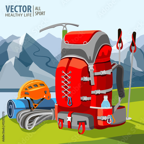 Hiking equipment, rucksack, poles, rope, helmet, ice pick. Mountaineering. Mountains. Vector illustration.