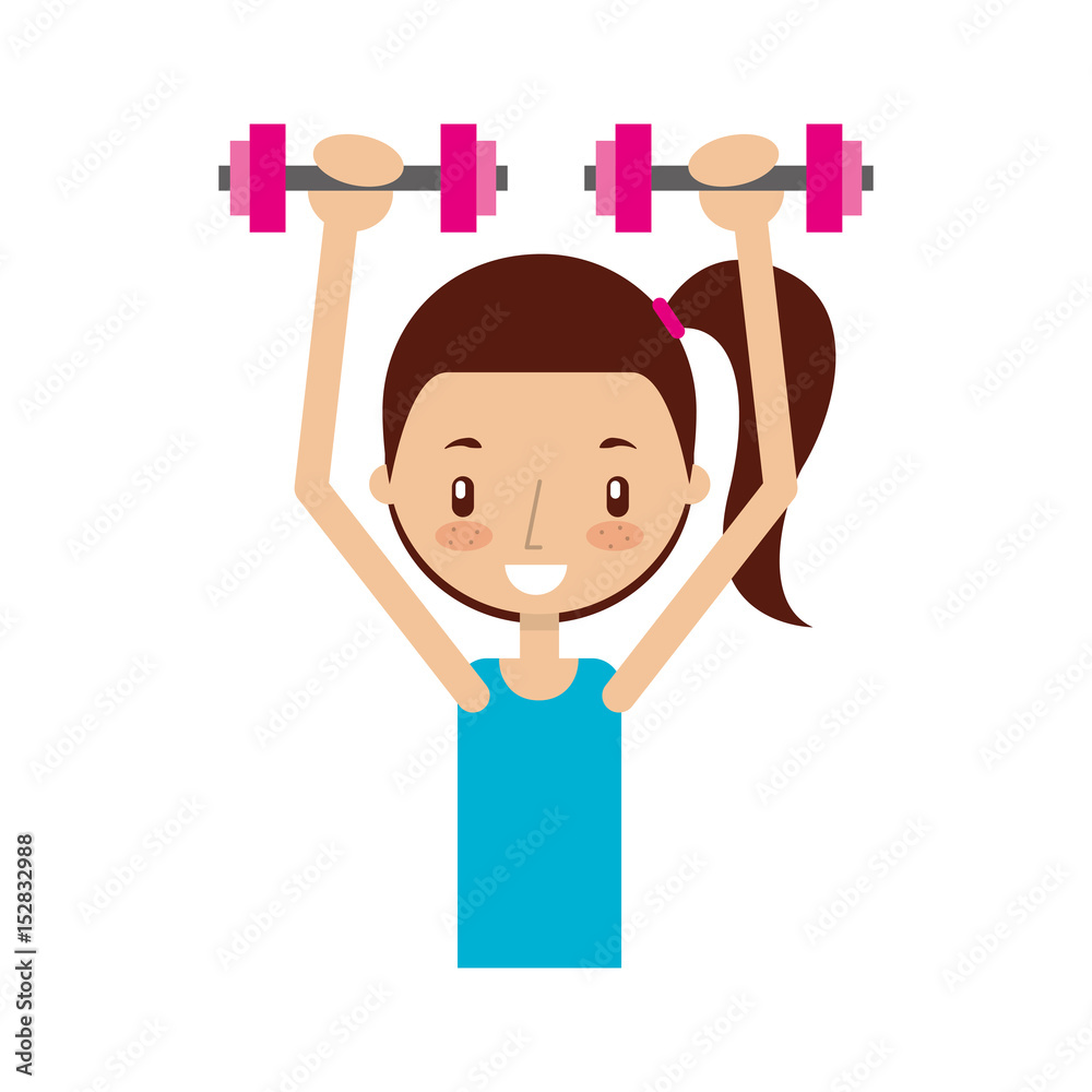 cartoon girl doing exercise with dumbells vector illustration 