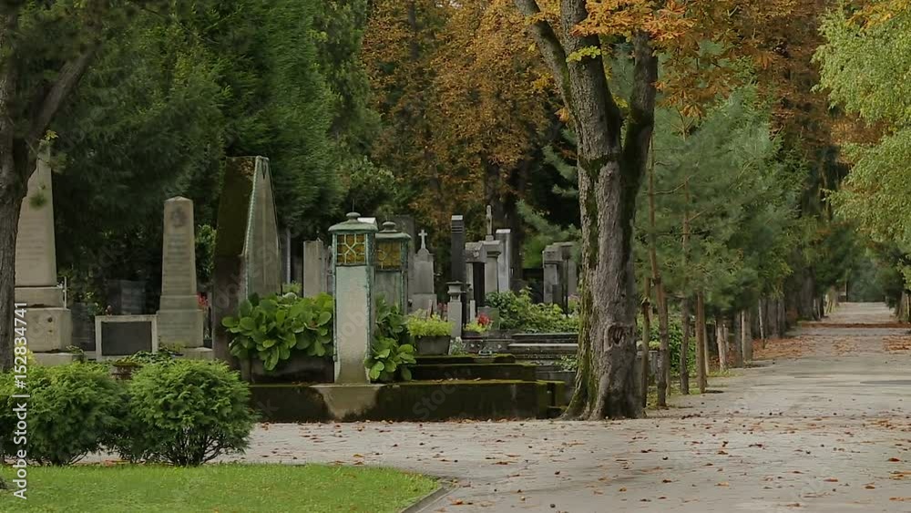 Panorama of beautiful Mirogoj cemetery park with lots of graves and tombs Panorama of beautiful Mirogoj cemetery park with lots of graves and tombs