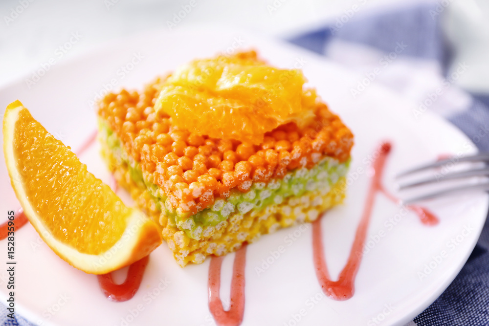 Multicolored crispy dessert on plate Multicolored crispy dessert on plate