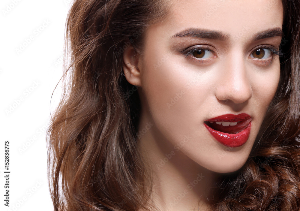 Portrait of beautiful woman with red lips on white background Portrait of beautiful woman with red lips on white background