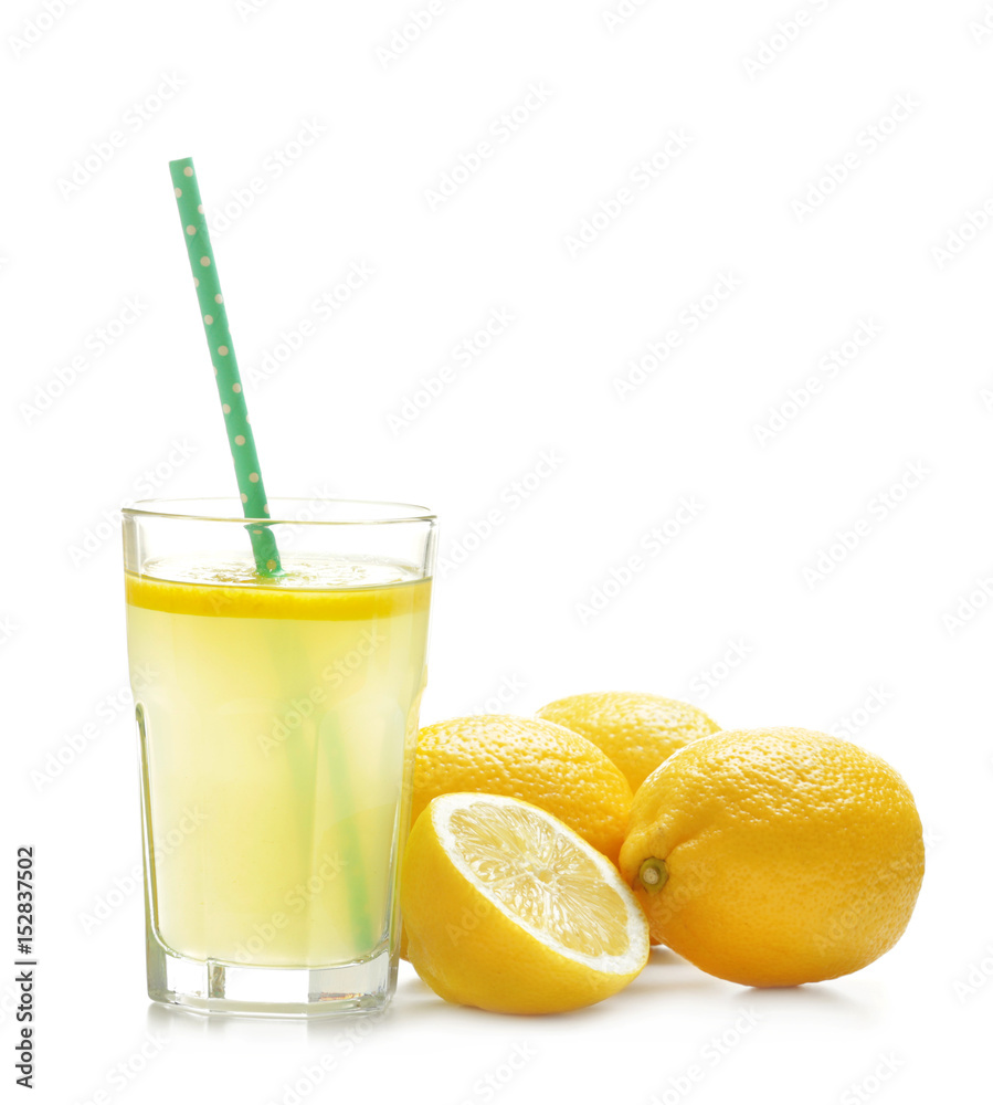 Delicious lemon juice in glass on white background