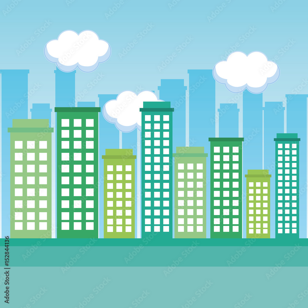 Green buildings with city skyline and clouds. Vector illustration.