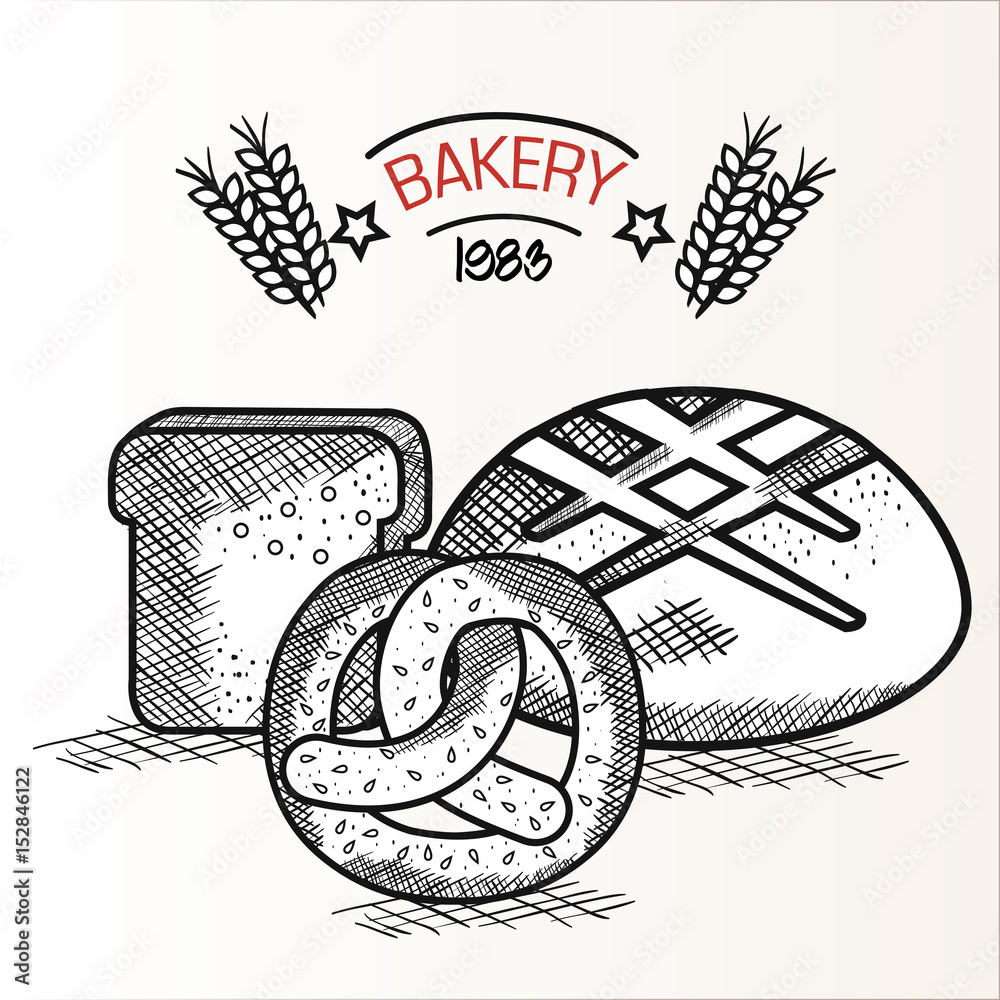 Hand drawn bread slice and loaf with pretzel and bakery sign over white ...