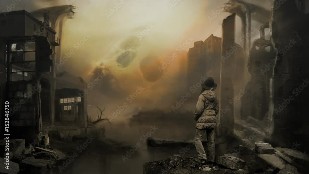 War ruins with skull on the horizon. Someone is standing in the foreground.