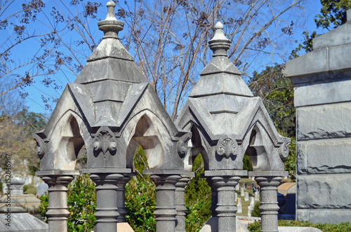 Gothic style columns on a memorial in a cemetery