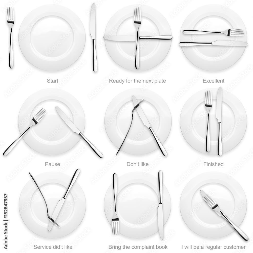 dining etiquette. Signs for the waiter, location of cutlery in different  situations Stock Photo | Adobe Stock