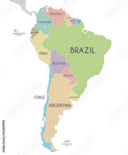 Political South America Map vector illustration isolated on white background. Editable and clearly labeled layers.