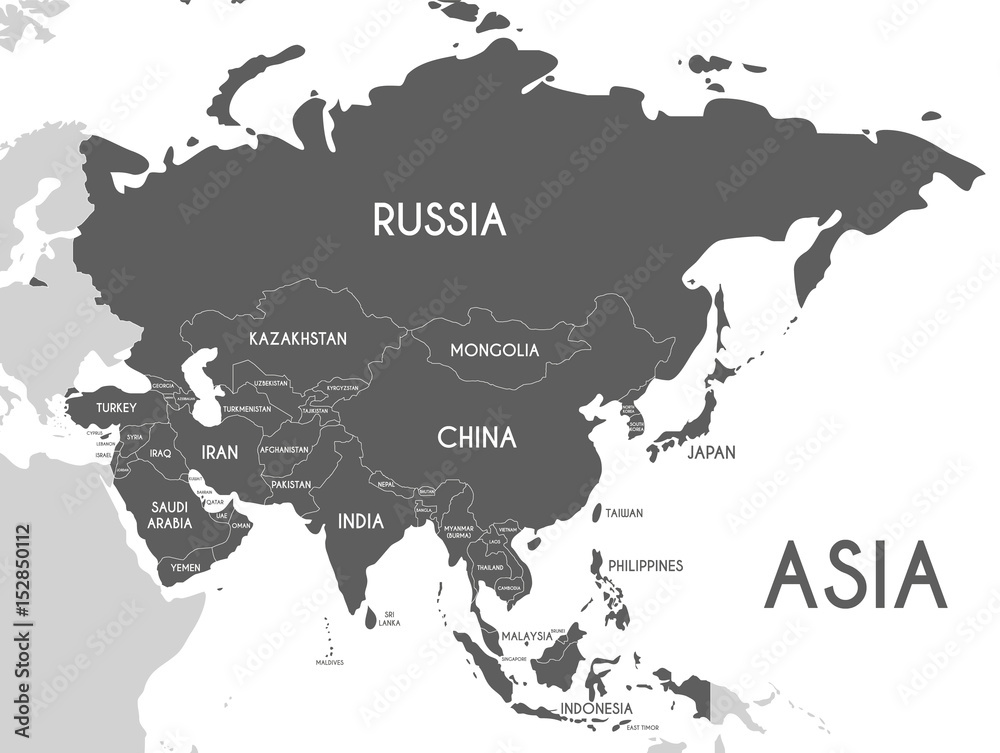 Labeled map of asia black and white
