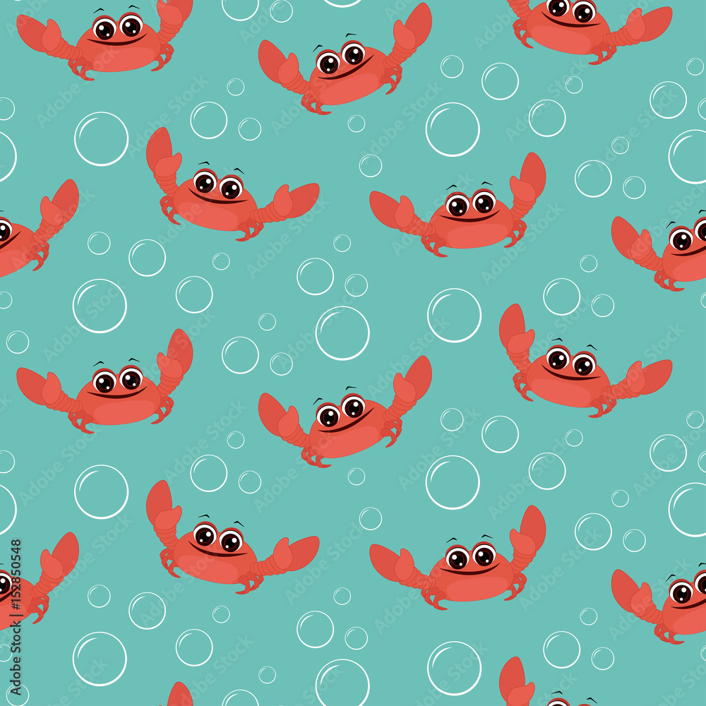 Seamless background from painted cute crabs and bubbles. Pattern