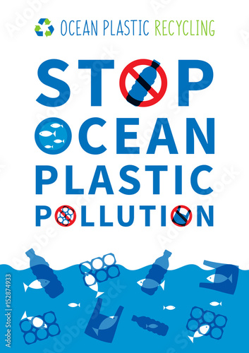 Stop ocean plastic pollution vector illustration. Plastic garbage (bag, bottle) in the ocean graphic design. Water waste problem creative concept. Eco problem banner with restrictive sign.
