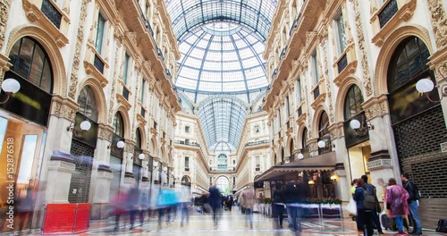 MILAN - April 26, 2017: Shopping, Galleria Vittorio Emanuele II timelapse.