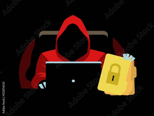 hoodie hacker with locked files using a computer