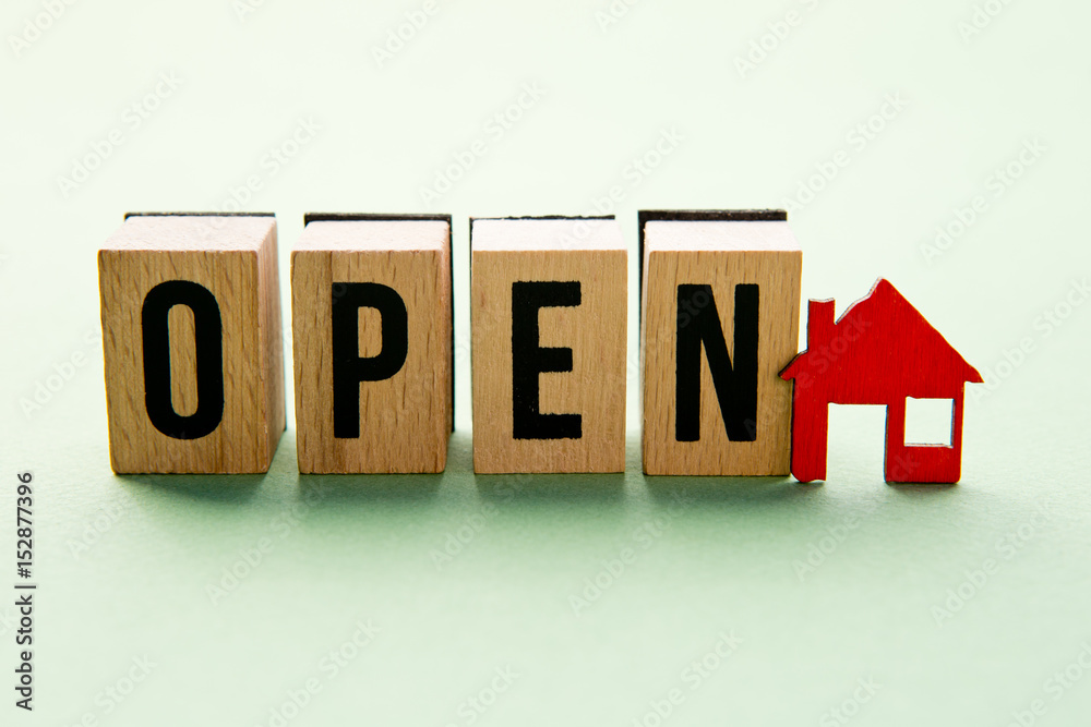 Open House - wooden block letters with red house icon
Open House - wooden block letters with red house icon