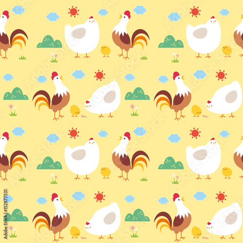 Vector illustration seamless pattern with Cartoon Chicken family