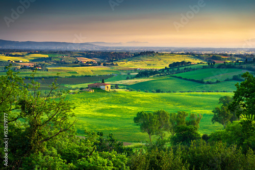 Maremma  rural sunset landscape. Countryside old farm and green field. Tuscany  Italy.