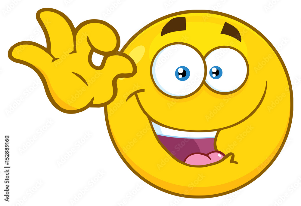 Funny Yellow Cartoon Emoji Face Character Gesturing Ok. Illustration Isolated On White Background