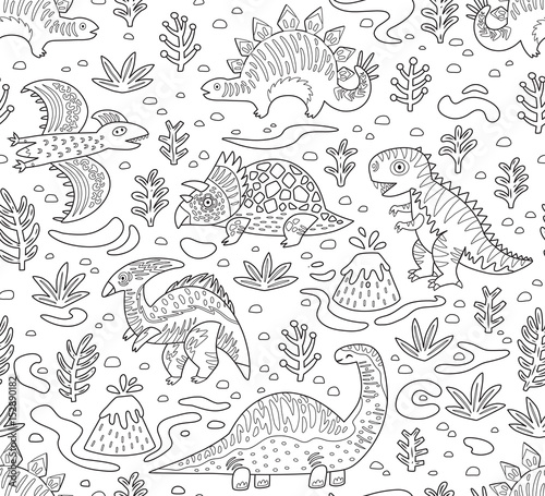 Dinosaurs ink seamless pattern. Coloring book page