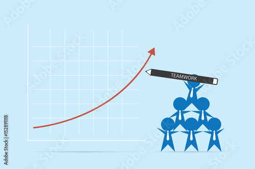 businessmen holding pen to write red arrow up, teamwork and business concept