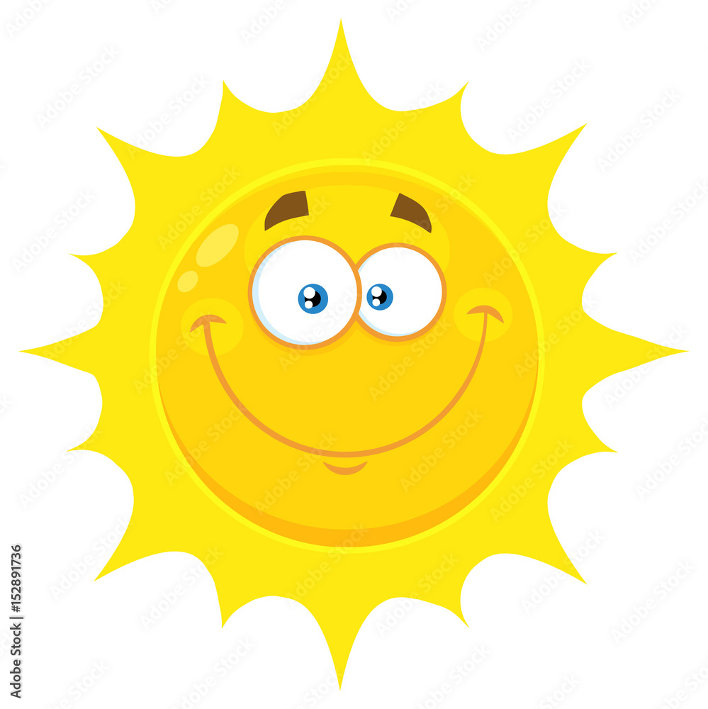 Smiling Yellow Sun Cartoon Emoji Face Character With Happy Expression. Illustration Isolated On White Background