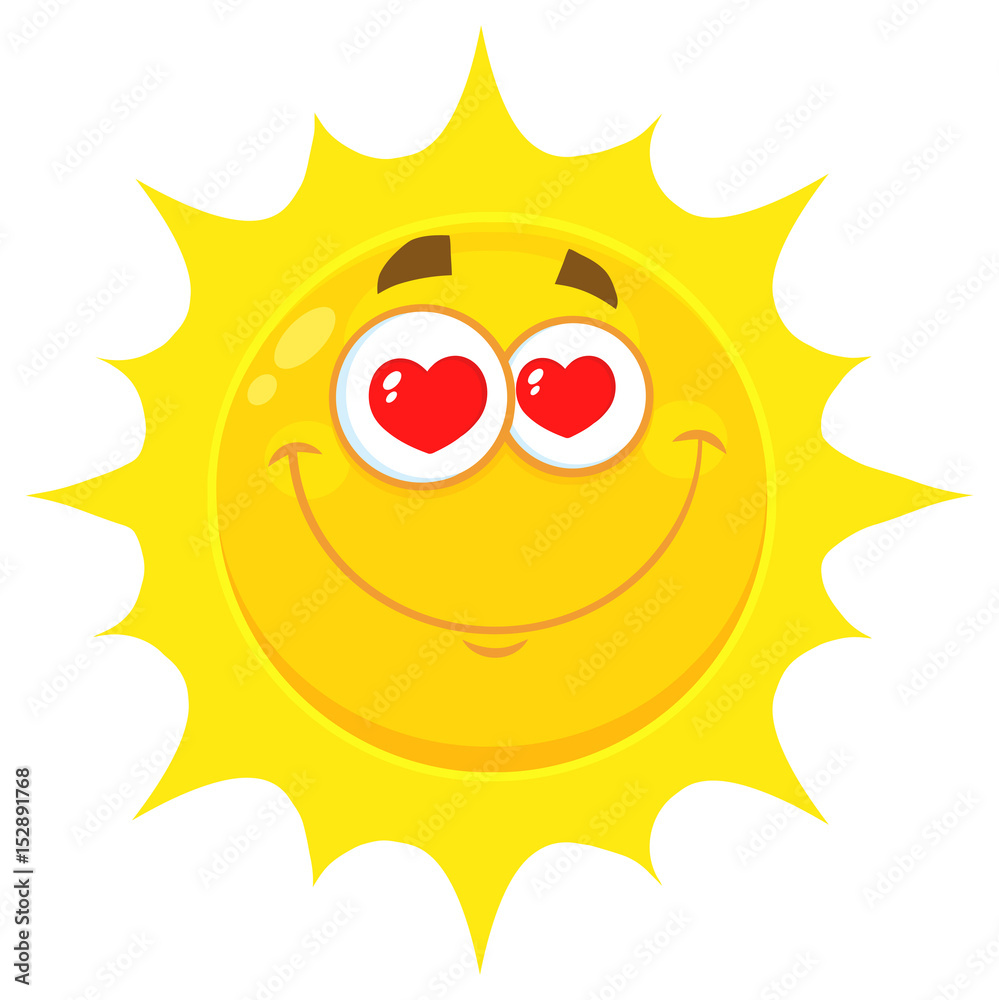 Loving Yellow Sun Cartoon Emoji Face Character With Hearts Eyes. Illustration Isolated On White Background