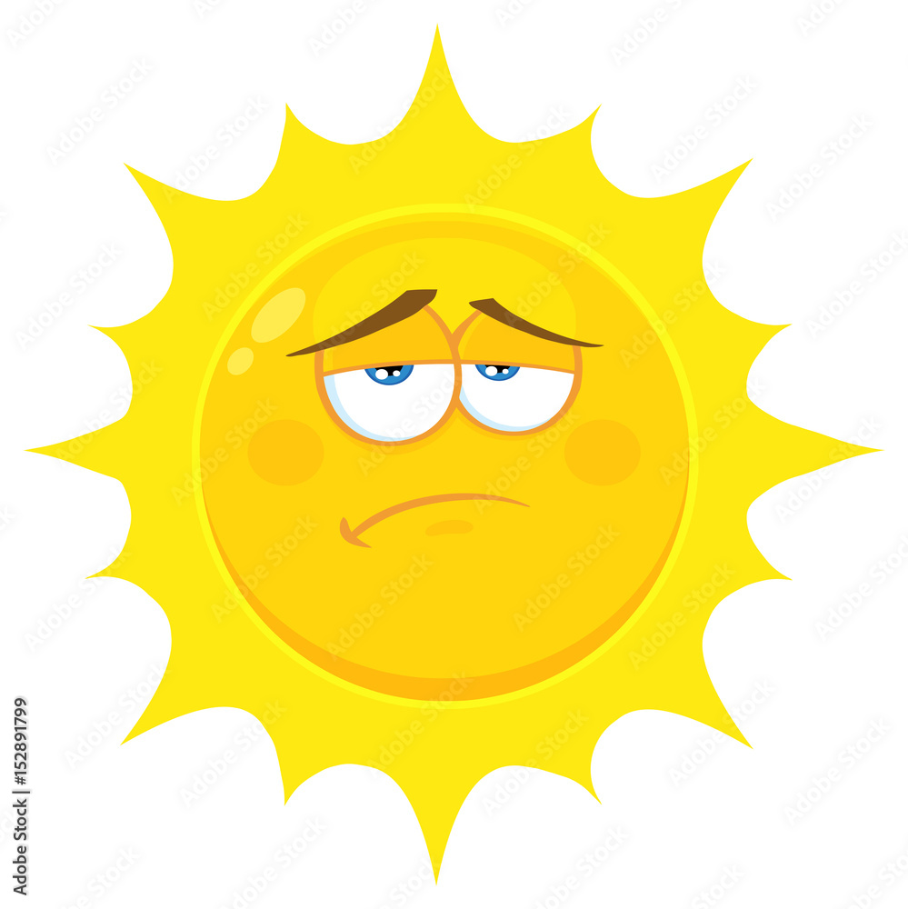 Sadness Yellow Sun Cartoon Emoji Face Character With Expression. Illustration Isolated On White Background