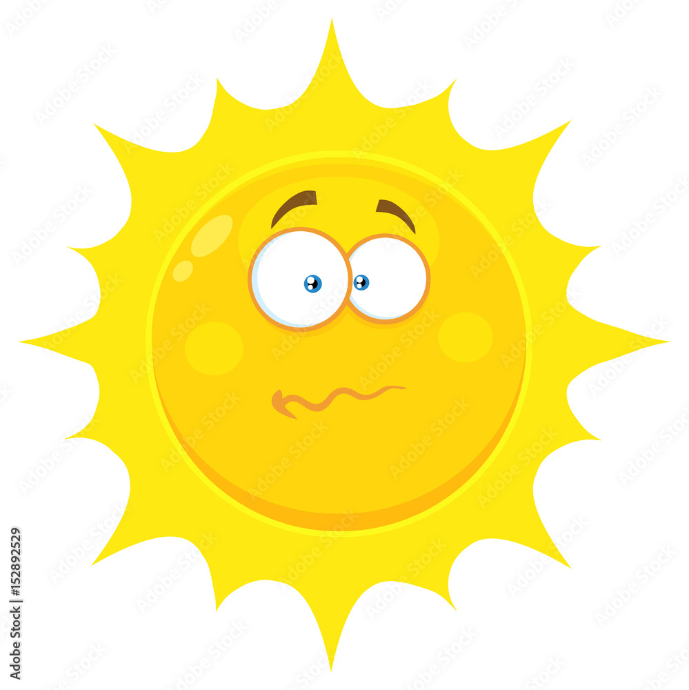 Confused Yellow Sun Cartoon Emoji Face Character With Nervous Expression.  Illustration Isolated On White Background
