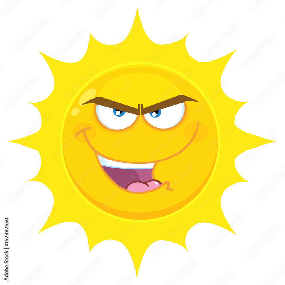 Evil Yellow Sun Cartoon Emoji Face Character With Bitchy Expression. Illustration Isolated On White Background