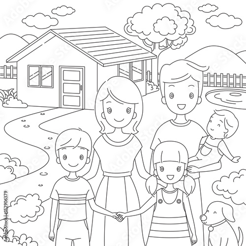 Family Standing Front Their Home In Doodle Style, House, Building, Landscape, Relationship, Lifestyle 