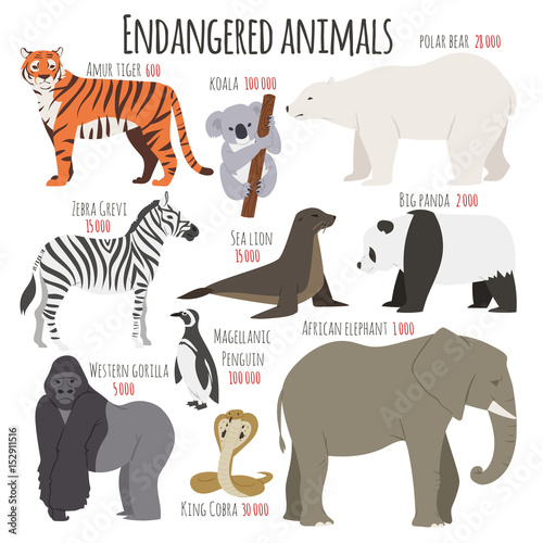 Different kinds deleted species dying rare uncommon red book animals characters vector illustration