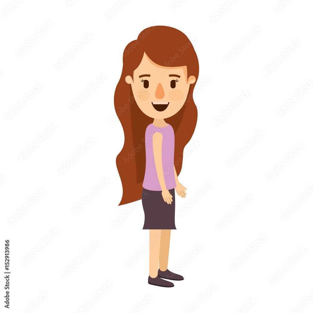 colorful image caricature full body woman with wavy long hair looking to side vector illustration colorful image caricature full body woman with wavy long hair looking to side vector illustration