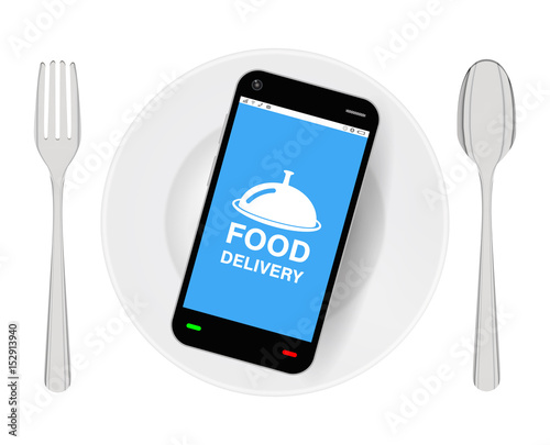 smartphone with food delivery on dish with folk and spoon