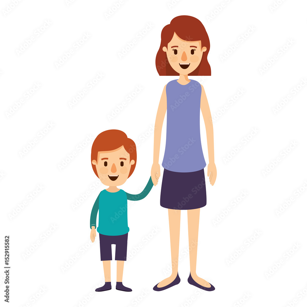 colorful image caricature full body mother taken hand with boy vector illustration colorful image caricature full body mother taken hand with boy vector illustration