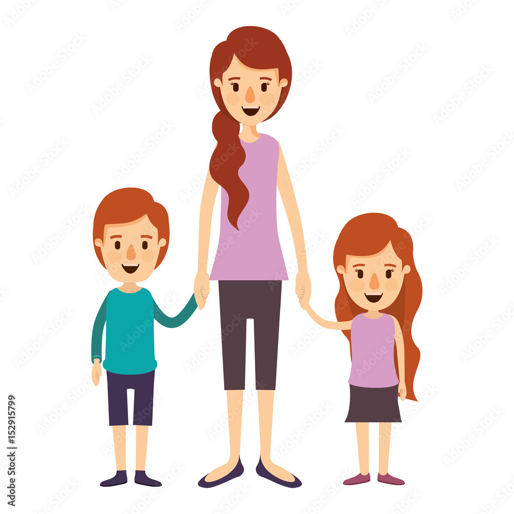 colorful image caricature full body mother taken hand with children vector illustration colorful image caricature full body mother taken hand with children vector illustration