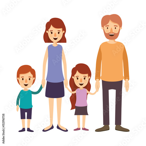 colorful image caricature family group with parents and little kids taken hands vector illustration