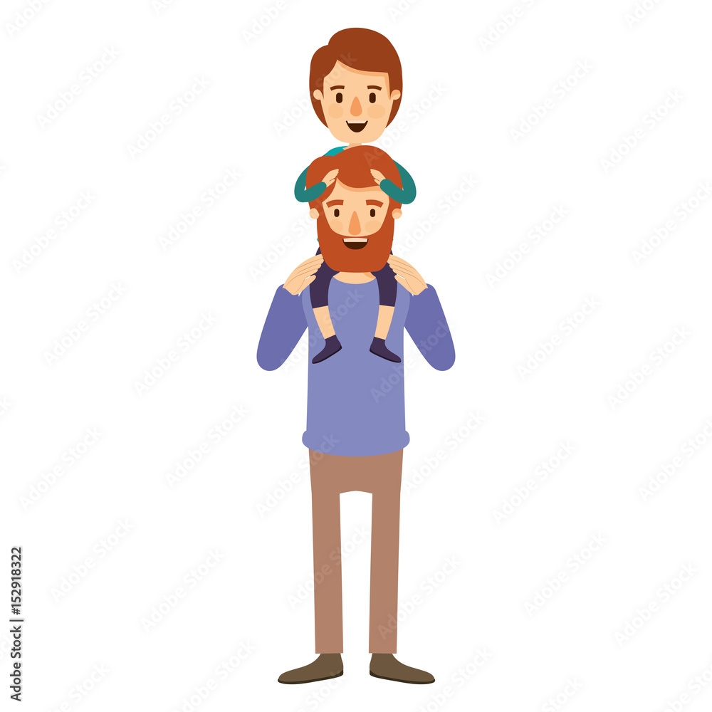 colorful image caricature young father with boy on his back vector illustration colorful image caricature young father with boy on his back vector illustration