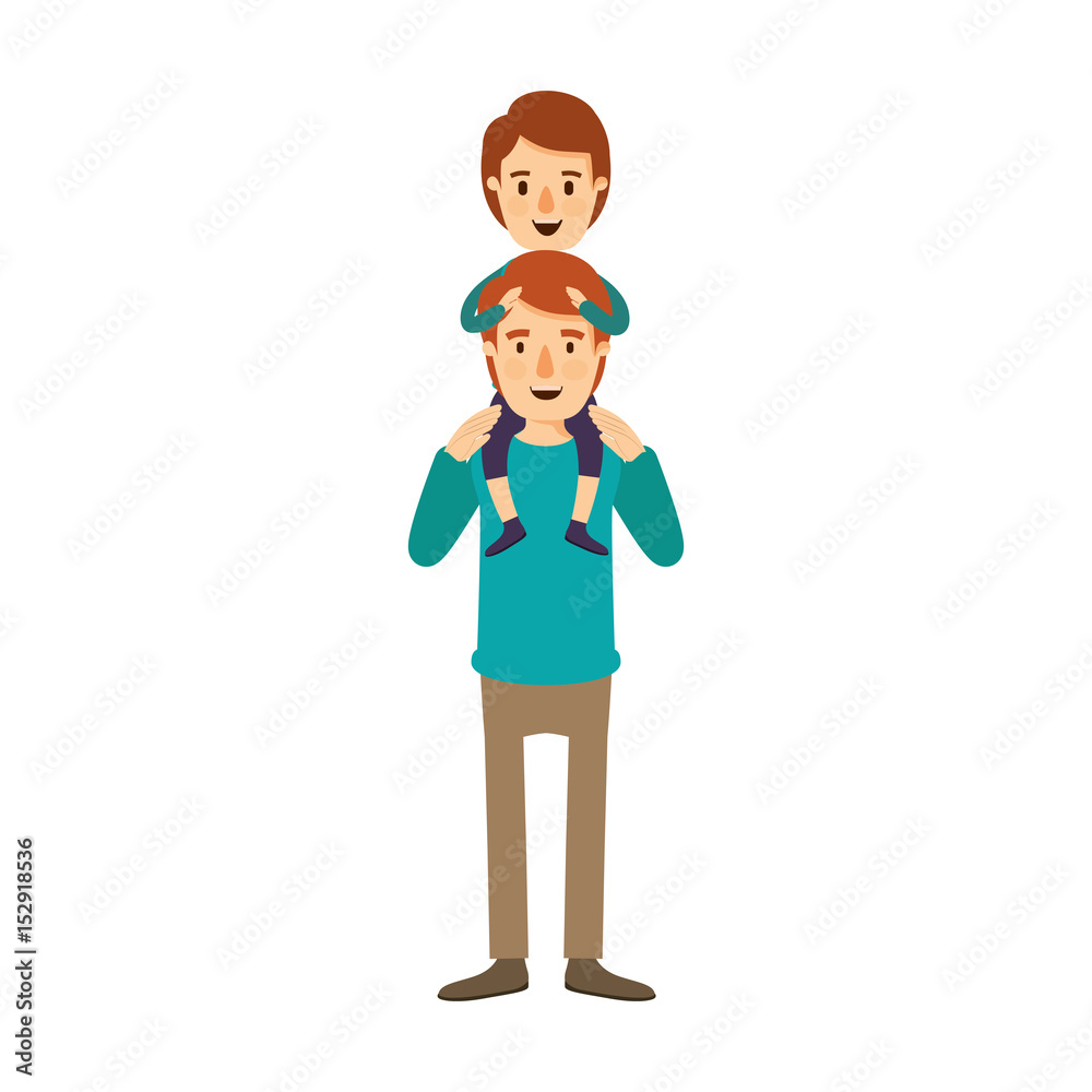 colorful image caricature young father with boy on his back vector illustration colorful image caricature young father with boy on his back vector illustration
